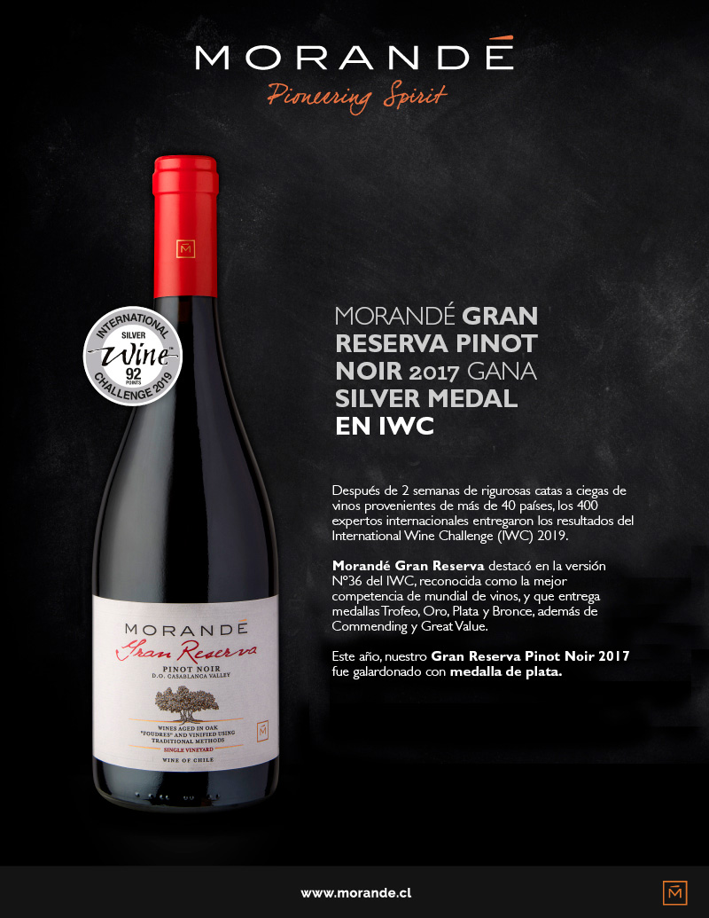 MORANDÉ GRAN RESERVA PINOT NOIR 2017 GANA MEDALLA DE PLATA EN EL IWC